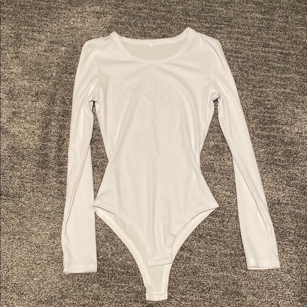 Women’s White Ribbed Long-Sleeve Scoop Neck Bodysuit